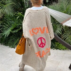 New Oversized Long Peace & Love Sweater Jacket Duster Chunky Knit - Oatmeal